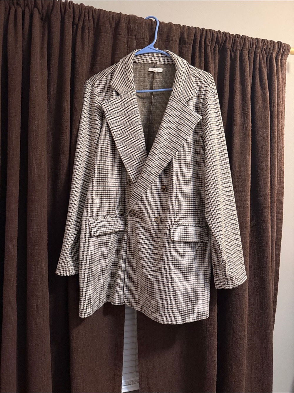 Double-Breasted Houndstooth Blazer - Neutral Black, Brown & Cream